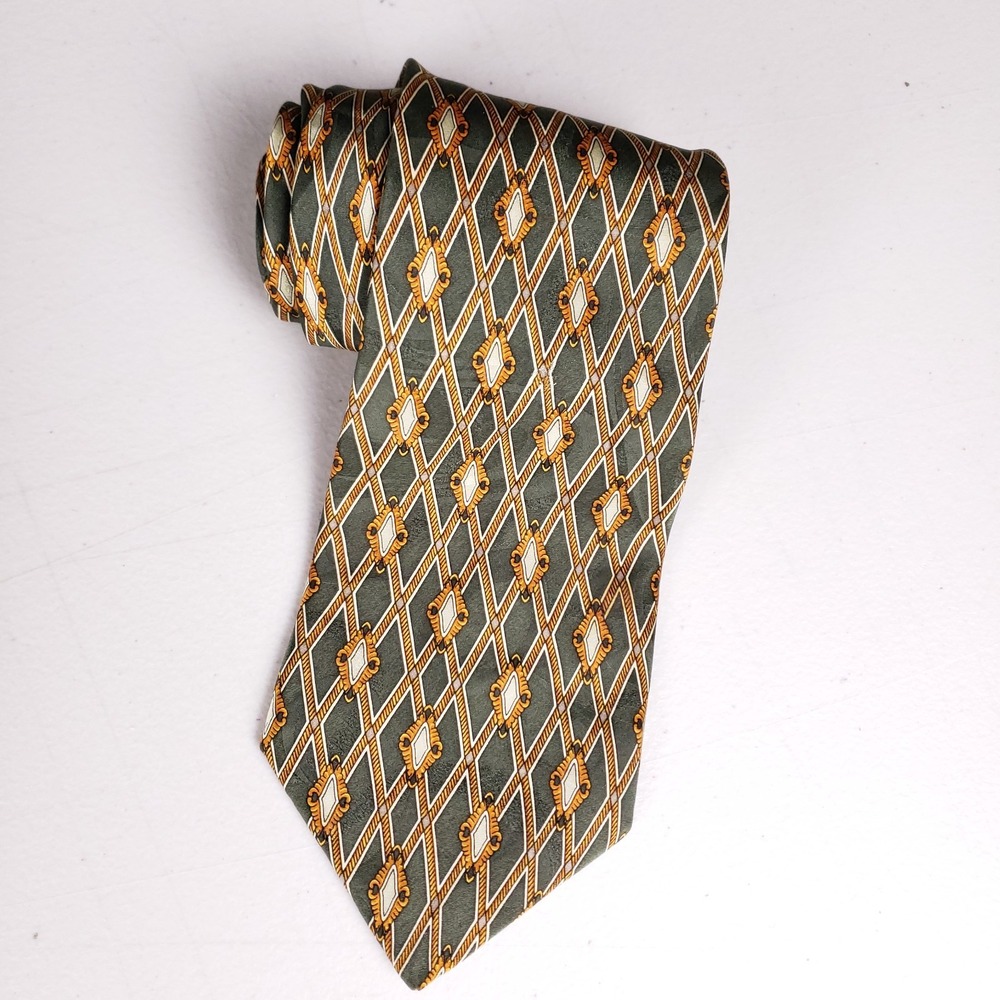 Alexander Lloyd Necktie Green Gold Geometric Diamond Pattern Men's Tie‎